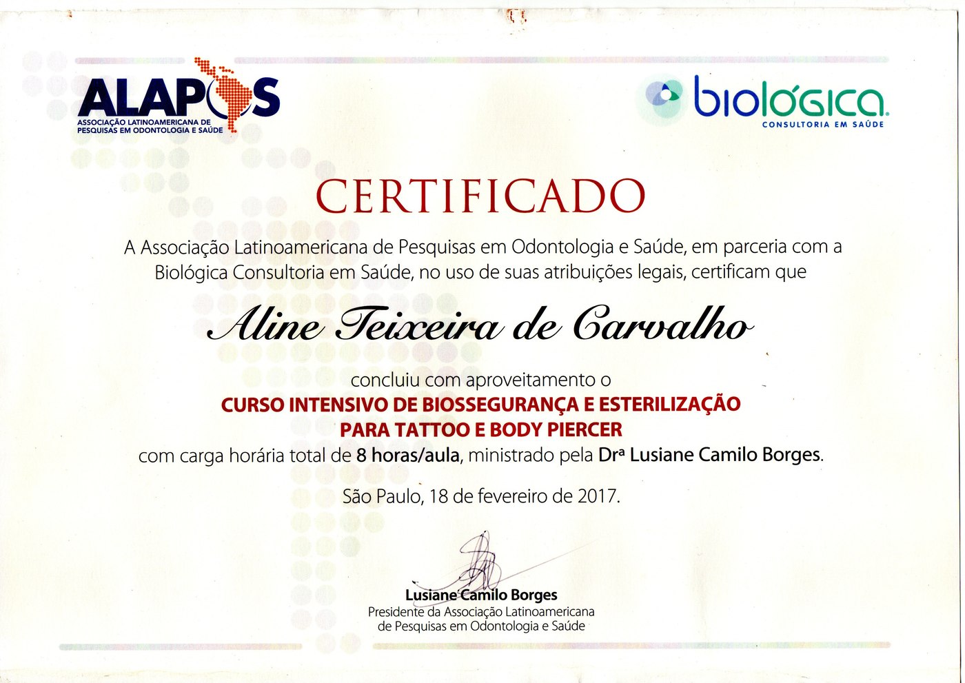 Certificado — Biossegurança e Esterilização para Tattoo e Body Piercer, ALAPOS, 2017