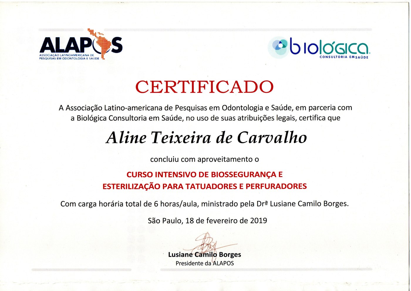 Certificado — Biossegurança e Esterilização para Tatuadores e Perfuradores, ALAPOS, 2019