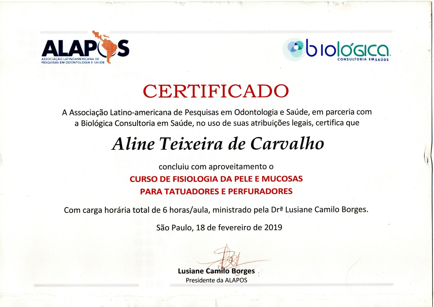 Certificado — Fisiologia da Pele e Mucosas para Tatuadores e Perfuradores, ALAPOS, 2019