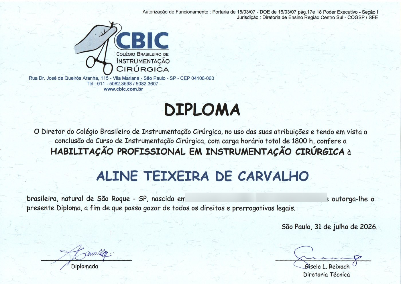 Diploma de Instrumentação Cirúrgica — CBIC, frente