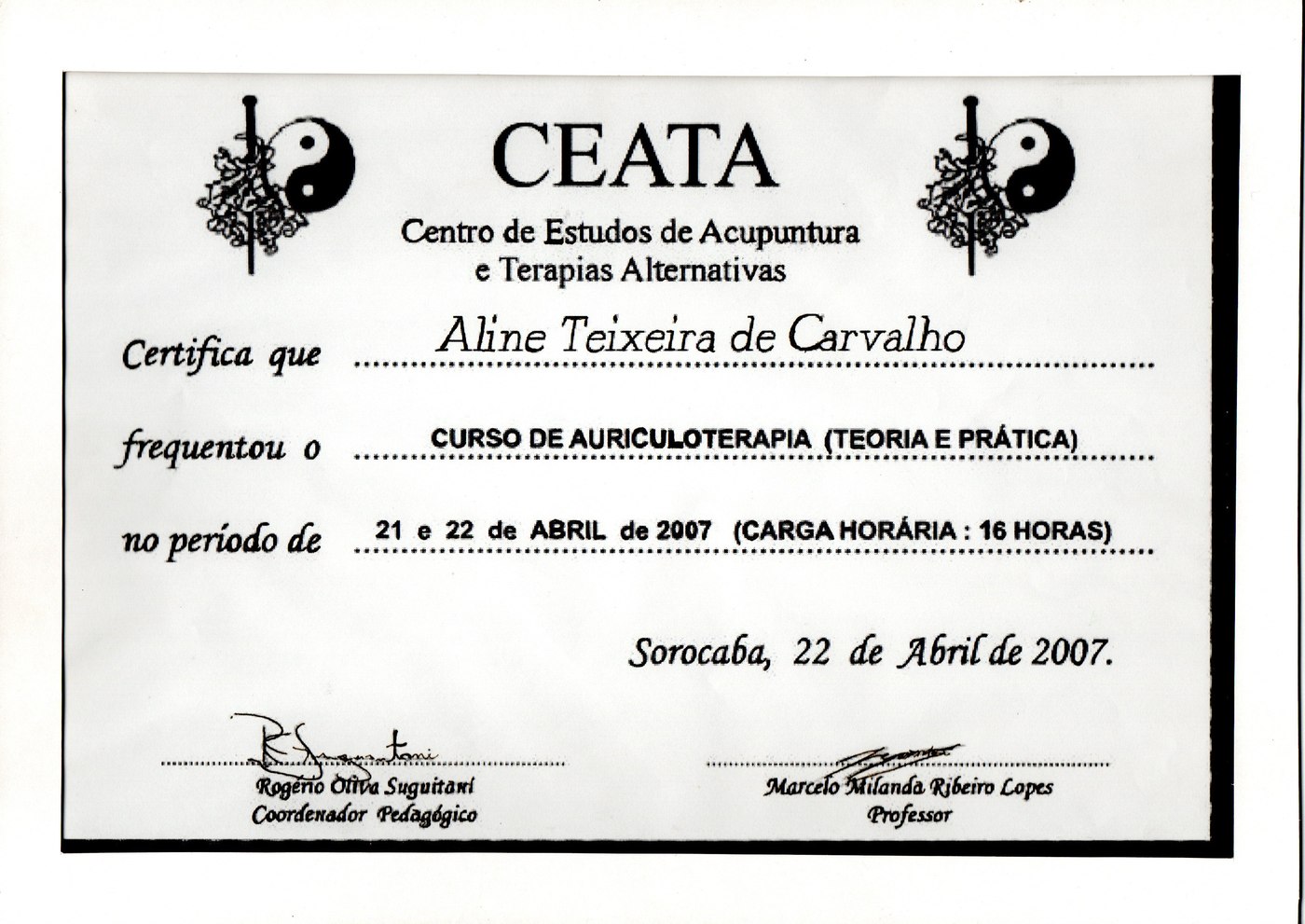 Certificado — Curso de Auriculoterapia (Teoria e Prática), CEATA