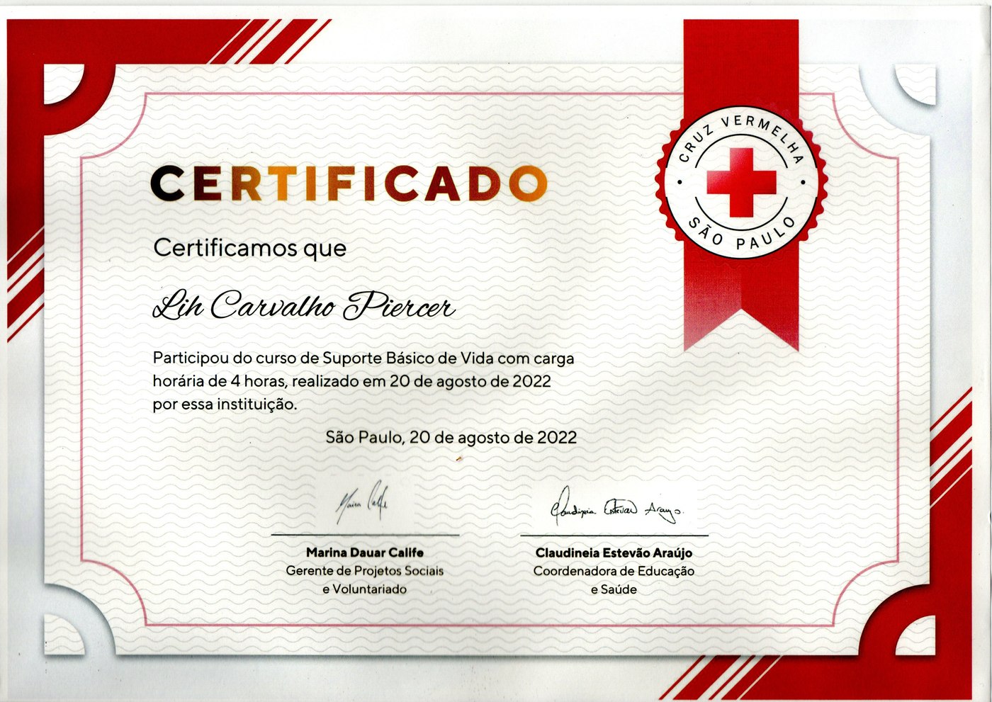 Certificado — Suporte Básico de Vida, Cruz Vermelha, 2022