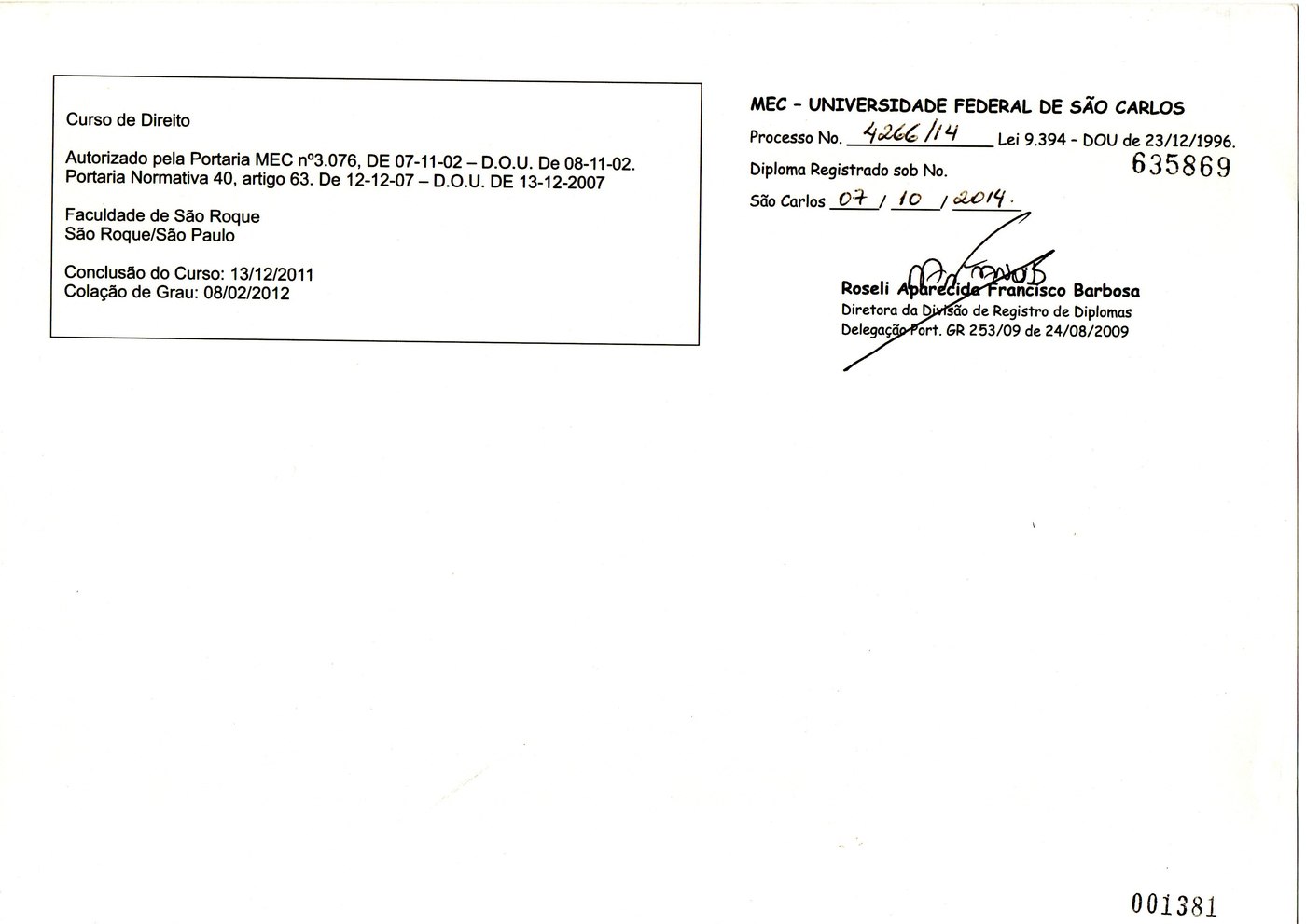 Diploma de Bacharel em Direito — Faculdade de São Roque, verso: registro MEC