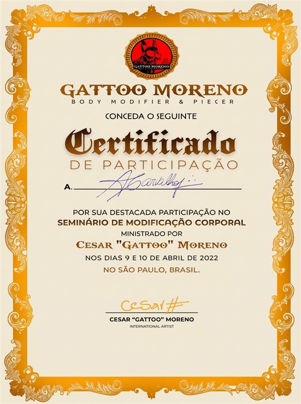 Certificado de participação — Seminário de Modificação Corporal, Gattoo Moreno, 2022