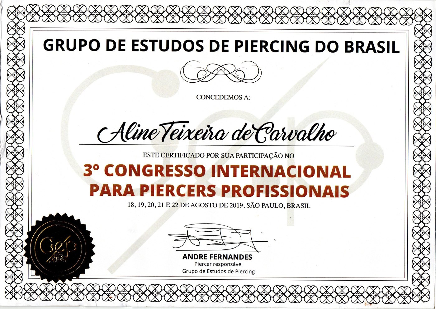 Certificado — 3º Congresso Internacional para Piercers Profissionais, GEP, 2019